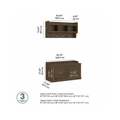 Bush Furniture Storage Cabinets<Woodland 40W Shoe Storage Bench with Doors and Wall Mounted Coat Rack, Ash Brown (WDL003ABR)