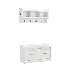 Bush Furniture Storage Cabinets<Woodland 40W Shoe Storage Bench with Doors and Wall Mounted Coat Rack, White Ash (WDL003WAS)