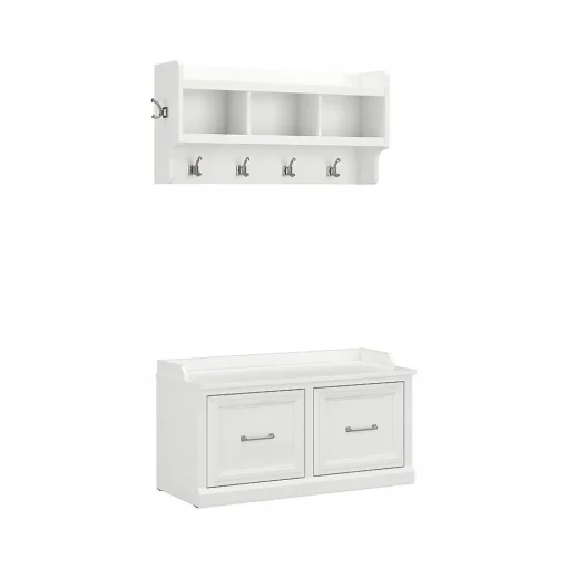 Bush Furniture Storage Cabinets<Woodland 40W Shoe Storage Bench with Doors and Wall Mounted Coat Rack, White Ash (WDL003WAS)