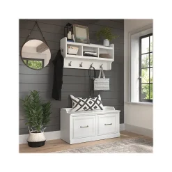 Bush Furniture Storage Cabinets<Woodland 40W Shoe Storage Bench with Doors and Wall Mounted Coat Rack, White Ash (WDL003WAS)