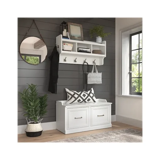 Bush Furniture Storage Cabinets<Woodland 40W Shoe Storage Bench with Doors and Wall Mounted Coat Rack, White Ash (WDL003WAS)