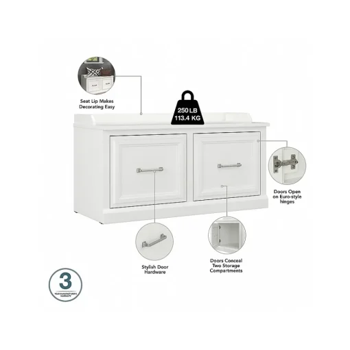 Bush Furniture Storage Cabinets<Woodland 40W Shoe Storage Bench with Doors and Wall Mounted Coat Rack, White Ash (WDL003WAS)