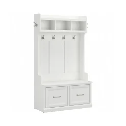 Bush Furniture Storage Cabinets<Woodland 40W Hall Tree and Shoe Storage Bench with Doors, White Ash (WDL001WAS)