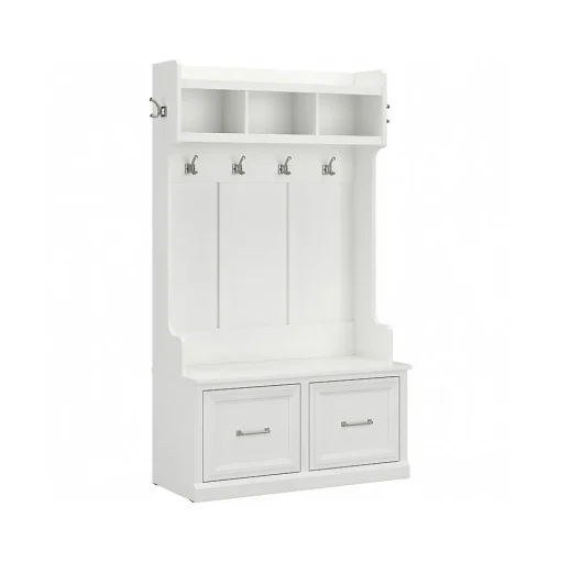 Bush Furniture Storage Cabinets<Woodland 40W Hall Tree and Shoe Storage Bench with Doors, White Ash (WDL001WAS)