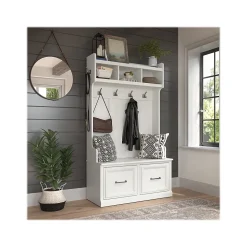 Bush Furniture Storage Cabinets<Woodland 40W Hall Tree and Shoe Storage Bench with Doors, White Ash (WDL001WAS)