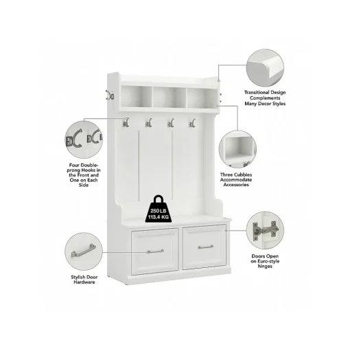 Bush Furniture Storage Cabinets<Woodland 40W Hall Tree and Shoe Storage Bench with Doors, White Ash (WDL001WAS)
