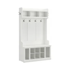Bush Furniture Storage Cabinets<Woodland 40W Hall Tree and Shoe Storage Bench with Shelves, White Ash (WDL002WAS)
