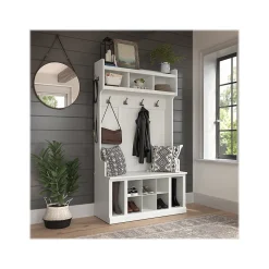 Bush Furniture Storage Cabinets<Woodland 40W Hall Tree and Shoe Storage Bench with Shelves, White Ash (WDL002WAS)