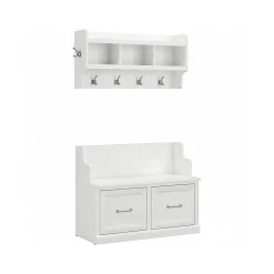 Bush Furniture Storage Cabinets<Woodland 40W Entryway Bench with Doors and Wall Mounted Coat Rack, White Ash (WDL009WAS)