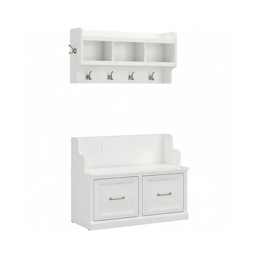 Bush Furniture Storage Cabinets<Woodland 40W Entryway Bench with Doors and Wall Mounted Coat Rack, White Ash (WDL009WAS)