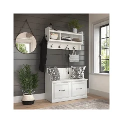 Bush Furniture Storage Cabinets<Woodland 40W Entryway Bench with Doors and Wall Mounted Coat Rack, White Ash (WDL009WAS)