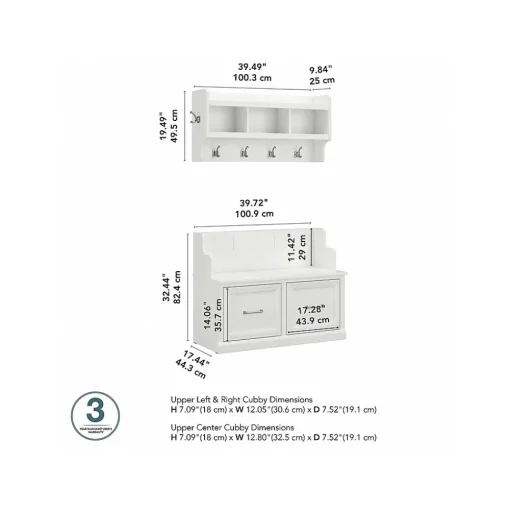 Bush Furniture Storage Cabinets<Woodland 40W Entryway Bench with Doors and Wall Mounted Coat Rack, White Ash (WDL009WAS)