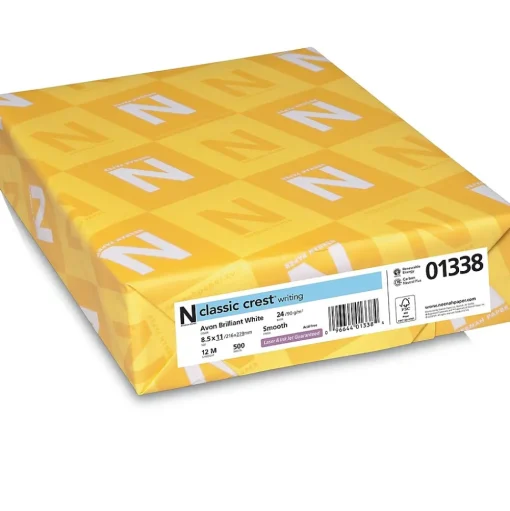 Neenah Paper Resume Paper<CLASSIC CREST® Writing Paper, 8 1/2" x 11", 24 lb., Smooth Finish, Avon Brilliant White, 500/Ream (01338)