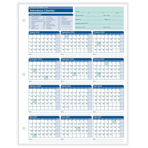 ComplyRight Hr Forms<2024-2025 Academic Attendance Calendar, 50/Pack (A43005015)
