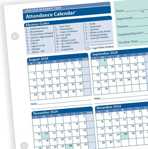 ComplyRight Hr Forms<2024-2025 Academic Attendance Calendar, 50/Pack (A43005015)