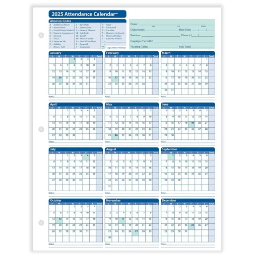ComplyRight Hr Forms<2025 Attendance Calendar Card, 25 Forms/Pack (A4000W25)