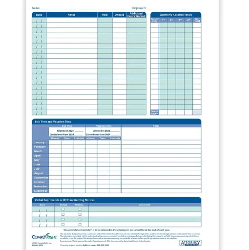 ComplyRight Hr Forms<2025 Attendance Calendar Card, 25 Forms/Pack (A4000W25)