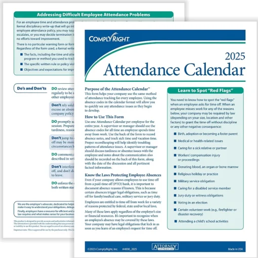 ComplyRight Hr Forms<2025 Attendance Calendar Card, 25 Forms/Pack (A4000W25)