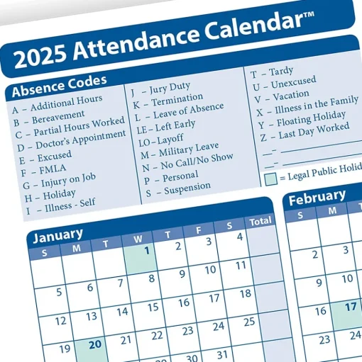 ComplyRight Hr Forms<2025 Attendance Calendar Card, 25 Forms/Pack (A4000W25)