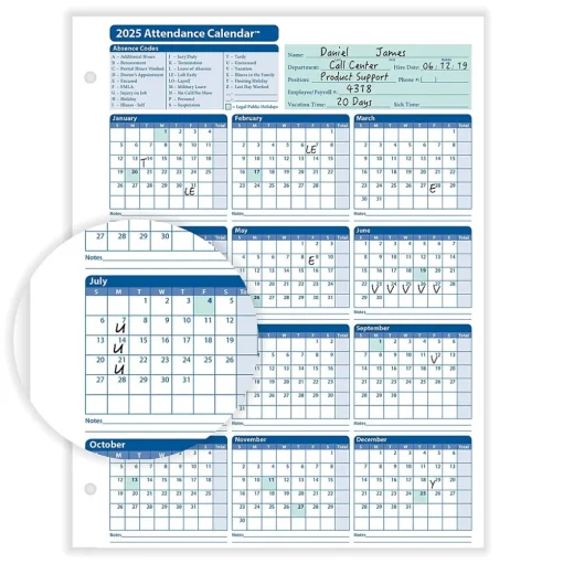 ComplyRight Hr Forms<2025 Attendance Calendar Card, 25 Forms/Pack (A4000W25)