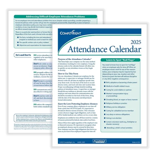 ComplyRight Hr Forms<2025 Attendance Calendar Set, 100 Forms/Pack (A1411W16PK100)