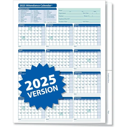 ComplyRight Hr Forms<2025 Attendance Calendar File Folder, 25 Forms/Pack (A3050)