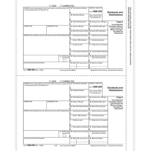 ComplyRight Tax Forms<2024 1099-DIV Tax Form, 1-Part, 2-Up, Payer Copy C, 50/Pack (513250)