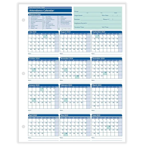 ComplyRight Hr Forms<2024-2025 Fiscal Attendance Calendar, 50/Pack (A42005015)