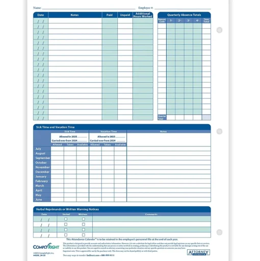 ComplyRight Hr Forms<2024-2025 Fiscal Attendance Calendar, 50/Pack (A42005015)