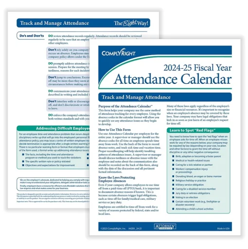 ComplyRight Hr Forms<2024-2025 Fiscal Attendance Calendar, 50/Pack (A42005015)