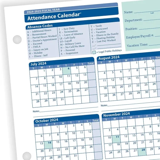 ComplyRight Hr Forms<2024-2025 Fiscal Attendance Calendar, 50/Pack (A42005015)