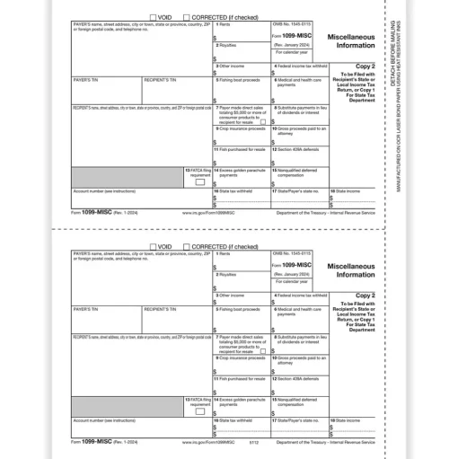ComplyRight Tax Forms<2024 1099-MISC Tax Form, 1-Part, 2-Up, Payer Copy C, 50/Pack (511250)