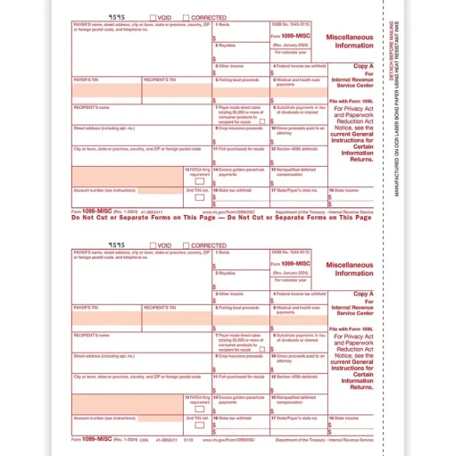 ComplyRight Tax Forms<2024 1099-MISC Tax Form, 1-Part, 2-Up, Federal Copy A, 50/Pack (511050)