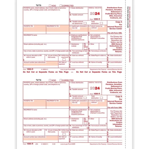 ComplyRight Tax Forms<2024 1099-R Tax Form, 1-Part, 2-Up, Federal Copy A, 50/Pack (514050)