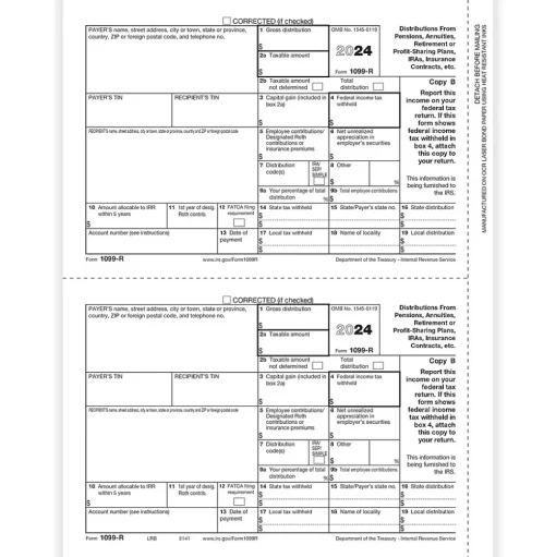 ComplyRight Tax Forms<2024 1099-R Tax Form, 1-Part, 2-Up, Recipient Copy B, 50/Pack (514150)