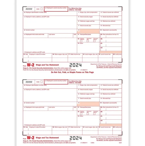 ComplyRight Tax Forms<2024 W-2 Tax Form, 1-Part, 2-Up, Federal Copy A, 50/Pack (520150)