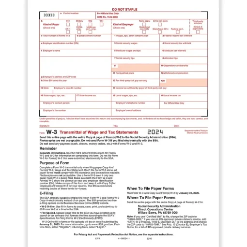 ComplyRight Tax Forms<2024 W-3 Tax Form, 1-Part, Transmittal, 25/Pack (520025)