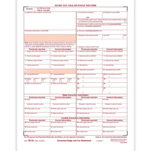 ComplyRight Tax Forms<2024 W-2C Tax Form, 1-Part, Federal Copy A, 50/Pack (531350)