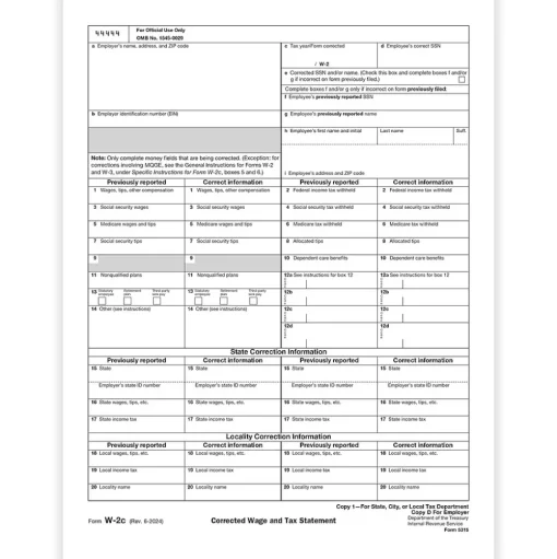 ComplyRight Tax Forms<2024 W-2C Tax Form, 1-Part, Copy 1/D, 50/Pack (531550)