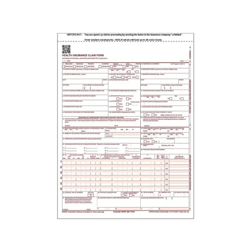 ComplyRight Medical Forms<™ CMS-1500 Health Insurance Claim Form, 8.5" x 11" 100/Pack (650657)