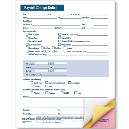 ComplyRight Hr Forms<Payroll Change Notice, 3-Part, Pack of 50 (A2170)