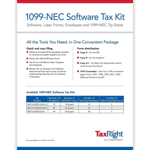 ComplyRight Tax Forms<TaxRight 2024 1099-NEC Tax Form Tax Forms, Envelopes, TipSheet & Software, 4-Part, 25/Pack (NECSC6103ES25)