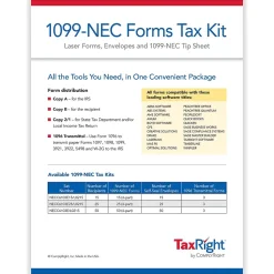 ComplyRight Tax Forms<TaxRight 2024 1099-NEC Tax Form Tax Forms, Envelopes & TipSheet, 4-Part, 25/Pack (NECSC6103E25)