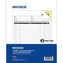 Cosco Business Forms<2-Part Carbonless Invoices, 8.38" x 10.69", 50 Sets/Book, 5/Pack (074034PK5)