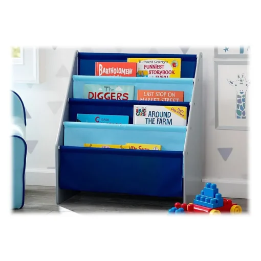 Delta Children Bookcases<Sling Book Rack 4-Tier 28"H Bookshelf, Gray/Blue (TB84414GN-026)