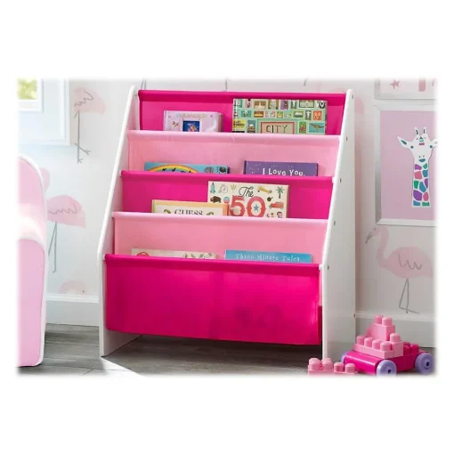 Delta Children Bookcases<Sling Book Rack 4-Tier 28"H Bookshelf, Bianca White/Pink (TB84413GN-130)