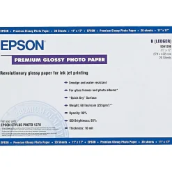 Epson Photo Paper<Premium Glossy Photo Paper, 11" x 17", 20 Sheets/Pack (EPSS041290)