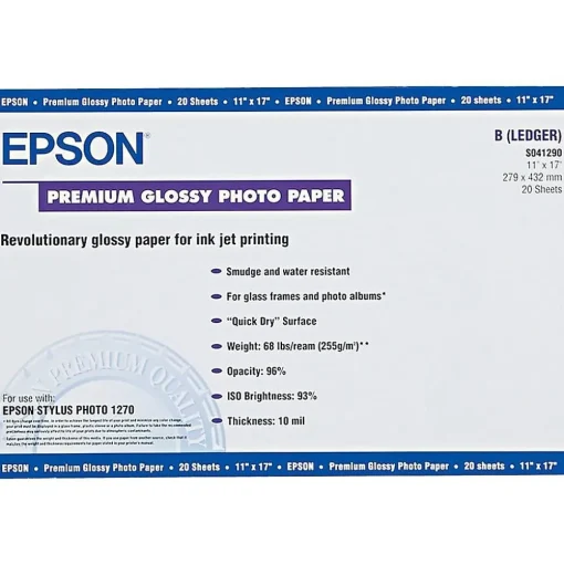 Epson Photo Paper<Premium Glossy Photo Paper, 11" x 17", 20 Sheets/Pack (EPSS041290)