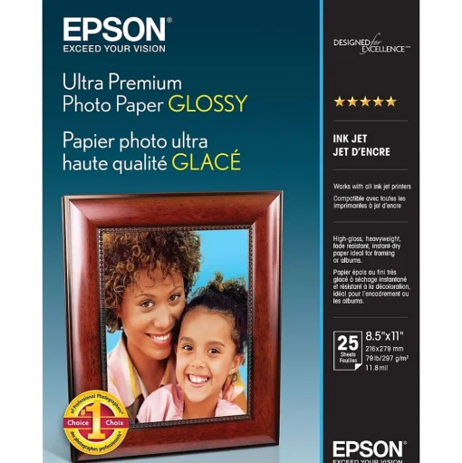 Epson Photo Paper<Ultra Premium Glossy Photo Paper, 8.5" x 11", 25 Sheets/Pack (S042182)