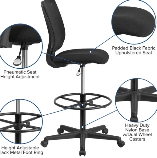 Flash Furniture Office Chairs<Ergonomic Mid-Back Mesh Drafting Chair with Black Fabric Seat and Adjustable Foot Ring [GO-2100-GG]